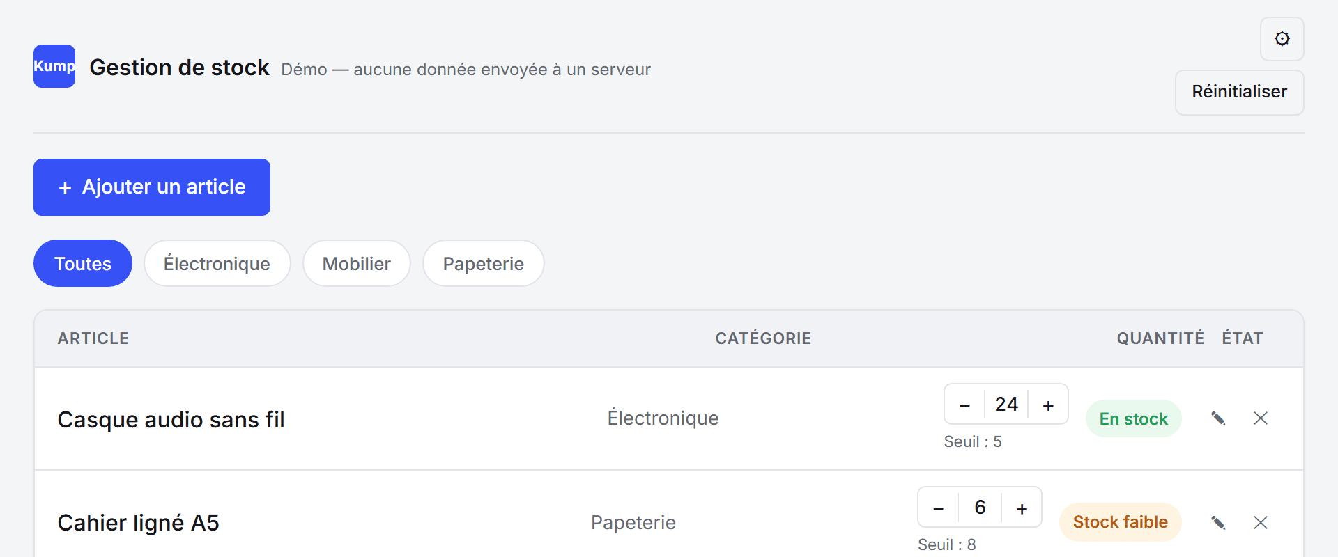 Aperçu de l'application Stock